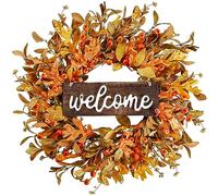 Sggvecsy Artificial Fall Wreath - 18'' Autumn Front Door Wreath with Fall Leaves, Small Pumpkins, Cluster of Berries for Outside, Indoor, Wall, Window, Festival, Thanksgiving Decor