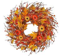 Sggvecsy Artificial Fall Wreath 22’’ Autumn Front Door Wreath Harvest Wreath with Pumpkin Daisy Berry Maple Leaves Fall Decorations for Outside Indoor Wall Window Festival Thanksgiving Autumn Decor