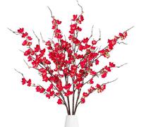 Sggvecsy Artificial Plum Blossom Flowers 4 Pcs Faux Cherry Blossom Stems Faux Silk Plum Blossom Branches 36.2’’ Fake Flowers Long Stems for Vase Arrangements Home Wedding Table Decor (Red)