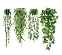 Sggvecsy Fake Hanging Plants 4 Pack Artificial Hanging Plants Fake Potted Greenery Faux Eucalyptus Vine String of Pearls Boston Fern Ivy Vine Leaves for Home Indoor Outdoor Shelf Wall Garden Decor