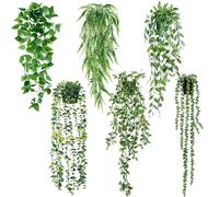 Sggvecsy Fake Hanging Plants 6 Pack Artificial Hanging Eucalyptus Plants Potted Greenery Faux Mandala Vine String of Pearls Boston Fern Ivy Vine Leaves Pea Pod for Home Indoor Outdoor Shelf Wall Decor