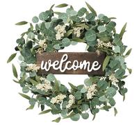 Sggvecsy Green Artificial Eucalyptus Wreath with Welcome Sign 20in Spring Summer Wreath with White Berries for Front Door Wall Window Festival Farmhouse Porch Patio Garden Decor