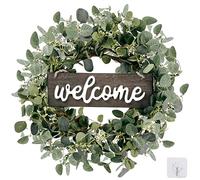 Sggvecsy Green Eucalyptus Leaf Wreath with Welcome Sign 20in Artificial Eucalyptus Wreath Spring Summer Wreath for Front Door Wall Window Farmhouse Festival Porch Patio Garden Decor