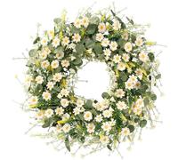 Sggvecsy White Daisy Wreath 24 Inch Spring Summer Wreath Fake Silk Floral Wreath with Green Eucalyptus Leaves and Lavender for Front Door Window Wall Wedding Farmhouse Festival Decor