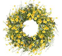 Sggvecsy Yellow Daisy Wreath 24 Inch Spring Wreath Summer Wreath Fake Silk Floral Wreath with Green Eucalyptus Leaves for Front Door Window Wall Farmhouse Decor