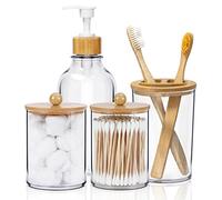 SGHUO 4pcs Boho Rustic Bathroom Decor Set, Bamboo & Glass Accessories, Soap Dispenser, Toothbrush Holder, 2 Qtip Holder Jars, Matte Brown Finish