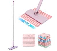 Sgizoku Clip-to-Grip Disposables Dust Mop -25cm Large Spin Head,lazy Mop Clip On,Zero Touch Click Flat Mops,125cm Long Handle, 10 Washable Cloths