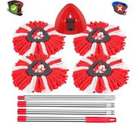 Sgizoku Microfiber Mop Fits For Viledar Turbo Spin/Smart/EasyWring&Clean 2 in 1 Tank Bucket,4 Red Mops Refills+1Spin Base+1 Long Broom Handle 148cm