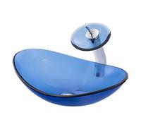 SGKOMN Bathroom Vessel Sink Blue Tempered Glass Vessel Sink Combo Counter Top Installation Oval Bathroom Vessel Vanity Sink Art Basin with Brass Waterfall Faucet Chrome Pop Up Drain