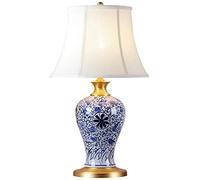 SGKOMN Ceramic Table Lamp Chinese Hand-Painted Blue And White Porcelain Table Light Pleated Cotton And Linen Lampshade Bedroom Bedside Lamp Living Room Decoration