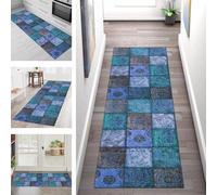 SGLGSTORE Carpet Runners for Hallways Non Slip Washable Runner Rug Long Polyester Doormat Blue Brown Kitchenrunner Anti-stain Hall 90X150CM Rugrunners Bedroom Living Room Corridor Floor Mat