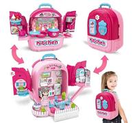 SGM 3-in-1 Kitchen Set for Kids, Portable Doll House, Princess Dolls House, Portable Doll House Pretend Play Food Backpack with Accessories, Carry Case/Backpack, for Toddler Boys Girls 3-8 (008-991A)