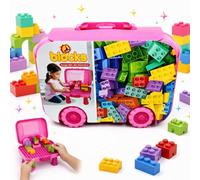 SGM Building Blocks for Toddlers with Storage Case - 2 in 1 Bus Shaped Carry Box & Play Table, Large Brick Set Educational Toy for Kids Boys Girls Age 3 4 5 6, Birthday Gift, Pink 680-8