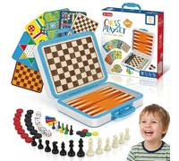 SGM Chess Playset 11-in-1 Kids Board Games - Chess, Checkers, Ludo, Backgammon, Snakes & Ladders - Travel Suitcase Family Game, Educational Toys Gift for Boys Girls Age 3+ - JF378-179