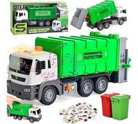 SGM JS108 Garbage Truck, Waste Management Recycling Truck with Trash Cans, Friction Powered with Light & Sound, Back Bump, Educational Toy for Toddlers & Kids