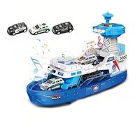 SGM160 Coast Guard Ship Toy, 1:16 Scale Transport Boat With 3 Super Car, Fire ship model with light and sound, cabin can be opened, Birthday Gift for 3 4 5 6 Year Old Kids (JS160-Blue)