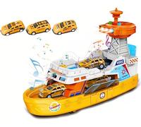 SGM160 Coast Guard Ship Toy, 1:16 Scale Transport Boat With 3 Super Car, Fire ship model with light and sound, cabin can be opened, Birthday Gift for 3 4 5 6 Year Old Kids (Yellow)