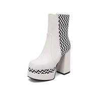 SGNJDKA Ankle Boots Women's Round Toe High Heels Square Block Heel Shoe Double Platform Wavy Pattern Booties Pumps Pair a Dress with Leggings High Height 12 CM