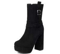 SGNJDKA Pumps Booties Women's Ankle Boots High Heels Round Toe Thick Heel Waterproof Platform Suede Sewing Thread Side Zipper Belt Buckle Heel Height 13 CM