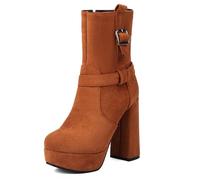 SGNJDKA Pumps Booties Women's Ankle Boots High Heels Round Toe Thick Heel Waterproof Platform Suede Sewing Thread Side Zipper Belt Buckle Heel Height 13 CM