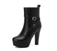 SGNJDKA Round Toe Ankle Boots Women's High Heels Booties Thick Heel Waterproof Platform Belt Buckle Side Zipper Solid Color Elegant and Simple Matching Dress Heel Height 12 CM