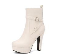SGNJDKA Round Toe Ankle Boots Women's High Heels Booties Thick Heel Waterproof Platform Belt Buckle Side Zipper Solid Color Elegant and Simple Matching Dress Heel Height 12 CM