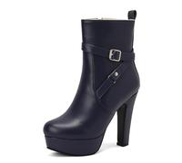 SGNJDKA Round Toe Ankle Boots Women's High Heels Booties Thick Heel Waterproof Platform Belt Buckle Side Zipper Solid Color Elegant and Simple Matching Dress Heel Height 12 CM
