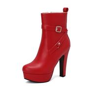 SGNJDKA Round Toe Ankle Boots Women's High Heels Booties Thick Heel Waterproof Platform Belt Buckle Side Zipper Solid Color Elegant and Simple Matching Dress Heel Height 12 CM