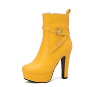 SGNJDKA Round Toe Ankle Boots Women's High Heels Booties Thick Heel Waterproof Platform Belt Buckle Side Zipper Solid Color Elegant and Simple Matching Dress Heel Height 12 CM