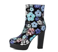 SGNJDKA Women's Ankle Boots Pumps Booties High Heels Round Toe Thick Heel Waterproof Platform Sequins Flowers Side Zipper Heel Height 12 CM