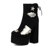 SGNJDKA Women's Round Head Ankle Boots High Heels Thick Heel Waterproof Platform Booties Suede Shoe Back Tie Cloud Five-pointed Star Heel Height 15 CM