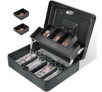 Sgorlds Cash Box Key Lock on Top, Large Locking Cash Boxes with Key Lock and Money Tray, Money Box with Cash Tray, Portable Safe Box for Office Business,Steel Money Saving Organizer,Black Grey