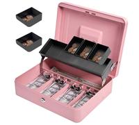 Sgorlds Cash Box Metal Money Box with Tray & Key Lock,Tiered Locking Cash Boxes,Durable Lock Safe Box with Key,4 Bill 5 Coin Slots,Cantilever Design,Large (Large, Pink)