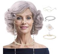 Sgqtqybk 4Pcs Grandma Costume Set, Old Lady Wig Set Includes Curly Granny Grey Wig, Pearl Necklace, Glasses with Chain and Cap for 100th Days of School CosplayGrandma Costume