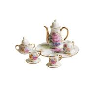 Sgqtqybk 8PCS 1:12 Miniature Ceramic Tea Cup Set Porcelain Tea Cup Set Flower Print with Gold Trim Dollhouse Kitchen AccessoriesDollhouse Ceramic