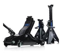 Sgs 2 Tonne Low Entry Trolley Jack & 4 Tonne Ratchet Axle Stands, Swivel Castors