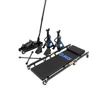 SGS 2 Tonne Trolley Jack 5pc Combo Set, Axle Stands, Creeper, Chocks & Wrench