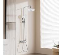 SGUVK Thermostatic Shower Mixer Set, 38 °C Thermostat Shower System, 22cm Round Overhead Rainfall Shower, 3 Jet Types Handheld Shower, Anti Scald Height Adjustable Bathroom Riser Rail Chrome