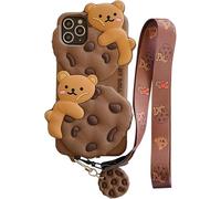 SGVAHY Cute iPhone 13 Pro Max Case with Lanyard Keychain, Kawaii 3D Cartoon Bear Cookie Soft Silicone Shockproof Protective Case for Women Girls - Khaki