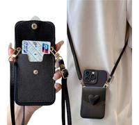 SGVAHY for iPhone 14 Pro Max Case with Strap Card Holder Crossbody Lanyard, Cute Phone Wallet Case for Women Girls, Black Heart Design Leather Purse Soft Silicone Cover for iPhone 14 Pro Max