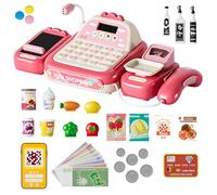 SGZIOO 52 Pcs Play Till Cash Register Children, Cash Register for Kids, Kids Tills, Toy Till Cash Register with Scanner, Play Till with Music, Credit Card, Money, Food, Microphone, for Toddler (Pink)