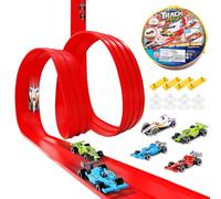 SGZIOO Flexible Car Track, Car Track Toy, 4M Roll Up Speed Track for Toy Cars, Hotwheels Tracks Set with 4 Diecast Toy Cars, 8 Suction Cups, Attach to Windows Doors for Bumps Jumps Tunnels Loop