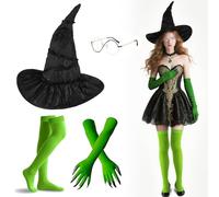 SGZIOO Wicked Costumes Set, Elphaba Costume Adult, Include Witches Hat, Elphaba Glasses, Green Gloves With Claws, Thigh High Stockings, Wicked Witch Costume Adult, for Halloween Cosplay Party Dress Up