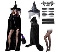 SGZIOO Witch Costumes for Women, Witches Costume Women with Lace Witch Hat, Black Cape, Gloves, Stockings, Eye Patch, Nail Stickers, Adult witch Costume For Halloween Party Ladies Dress Up Costumes