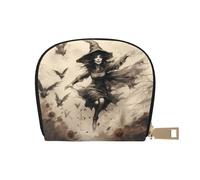 SGZLZBWK Halloween Witch Flying Women Pu Leather Shell Card Bag Credit Card Clip, Leather Zipper Wallet Coin Purse Storage Bag