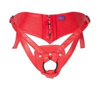 Sh! Corset Strap-On Harness Sexy & Secure Laced-Back Leather Dildo Belt (Small/Medium (fits Size 6-12), Red)