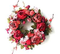 SH Door Wreath Artificial Peony Flower Wreath 40cm Handmade Simulation Burgundy Floral Wreath Spring Garland for Home Front Door Wall Wedding Party Home Decor