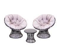Sh&g Rattan Swivel Chairs & Table Set - 360 Papasan Moon Chairs And Table - Grey Rattan With Grey Cushions - Indoor & Outdoor