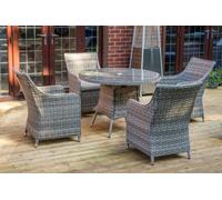 Sh&g Tintagel 4 Seat Dining Table Set - 5 Piece Round Table & Chairs - Aluminium & Grey Rattan With Light Grey Cushions - Outdoor