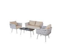 Sh&g Wilton 4 Seater Sofa Set - 4 Piece Rope Design Table, Chairs & Sofa - Aluminium & Grey Rattan With Beige Cushions - Outdoor